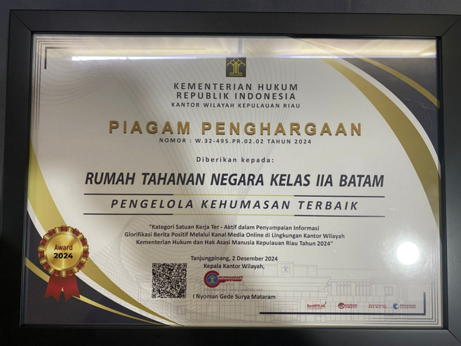 Rutan Batam Meraih Dua Penghargaan Dari Kanwil Kemenkumham Kepri